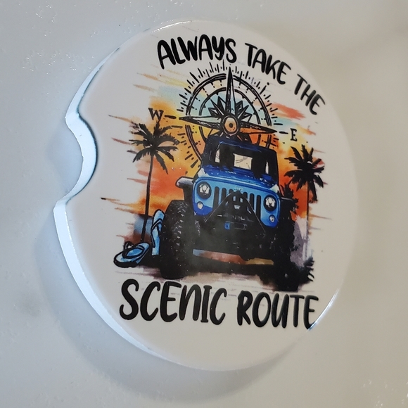 Set Of 2 Ceramic Car Coasters Always Take the Scenic Route - Picture 2 of 6
